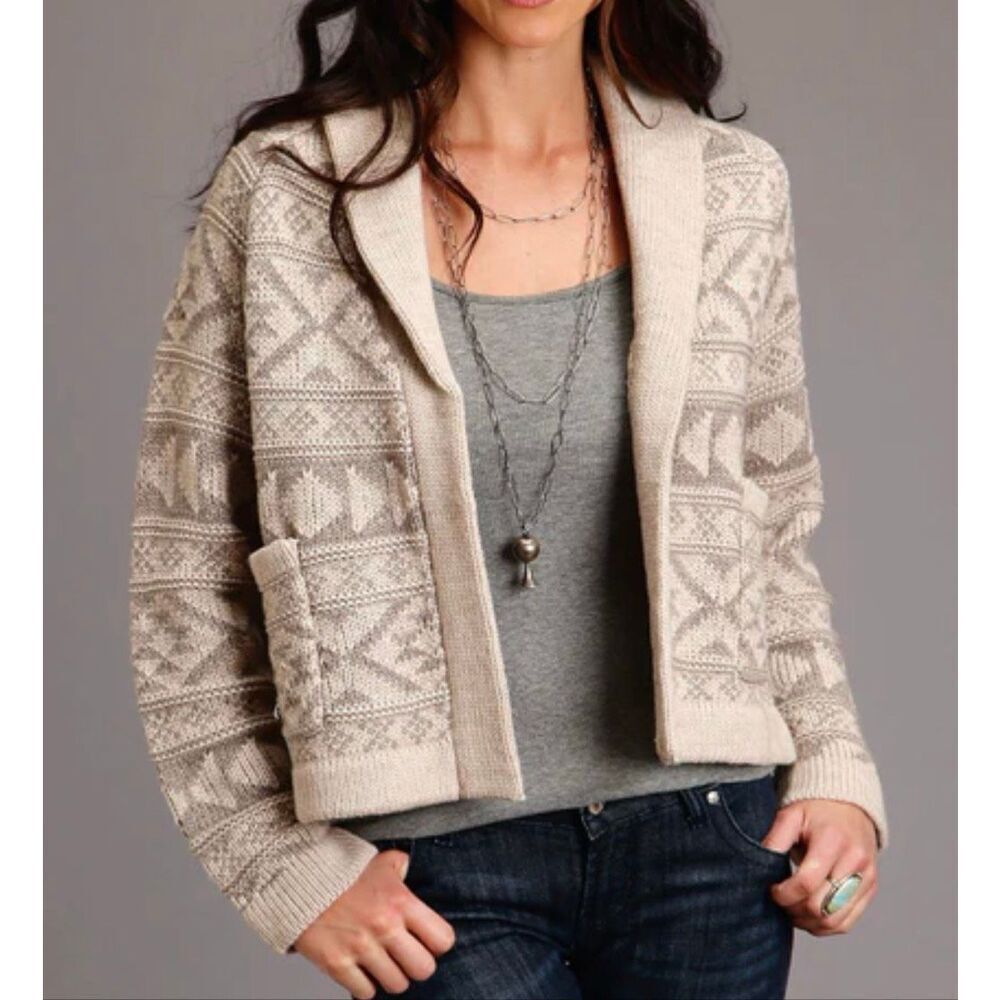 NWOT Stetson Wool Blend Cropped Shawl Collar Aztec Inspired Cardigan Women's XS